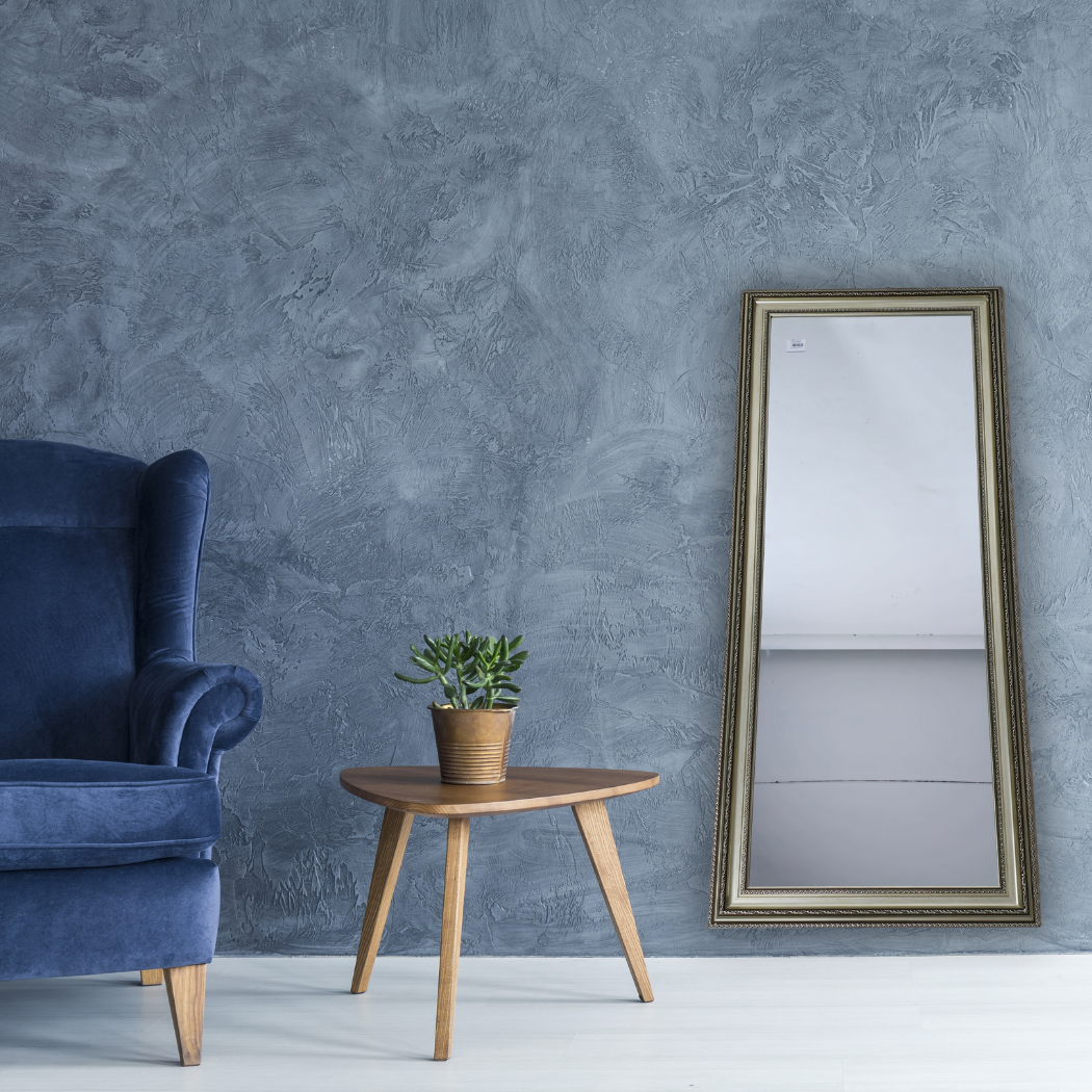 Light silver rectangular mirror with dark brown triangle outline (outside), dark brown flower pattern outline