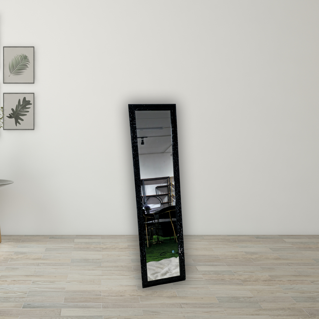 Long, rectangular, black mosaic mirror with hexagon pattern