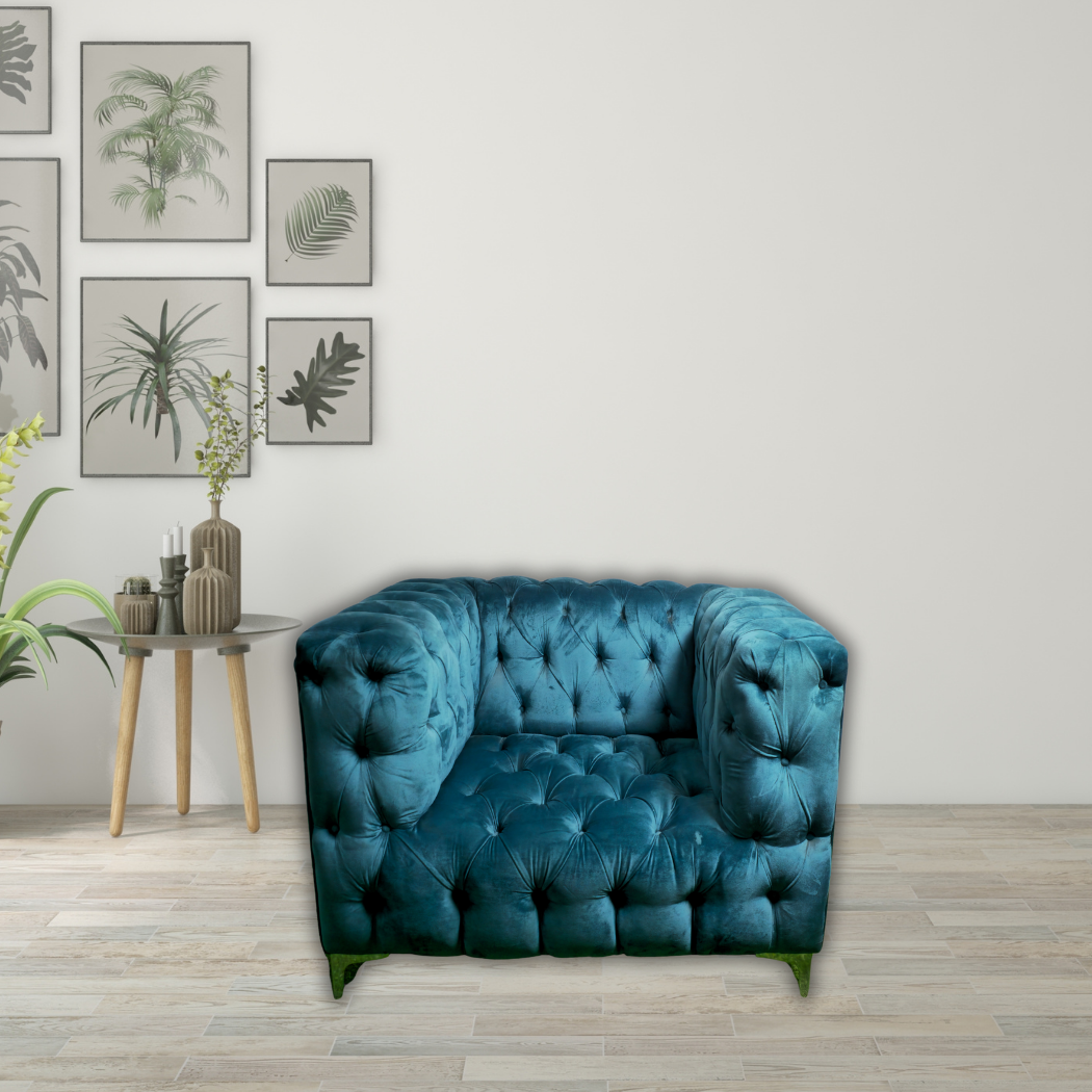 Square shaped 1 seater, dark turquoise couch with 4 silver legs
