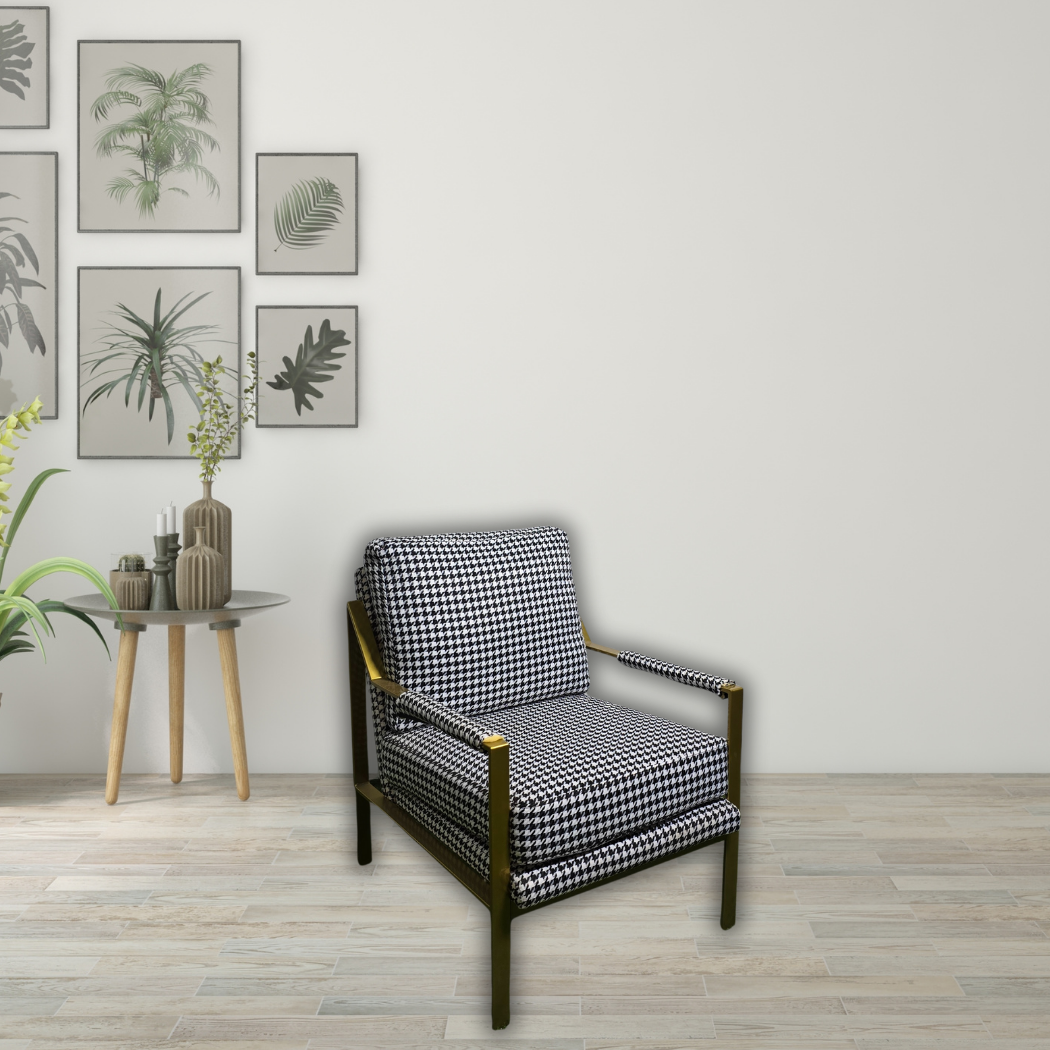 Checkered black & white sofa chair with gold bar armrest & legs