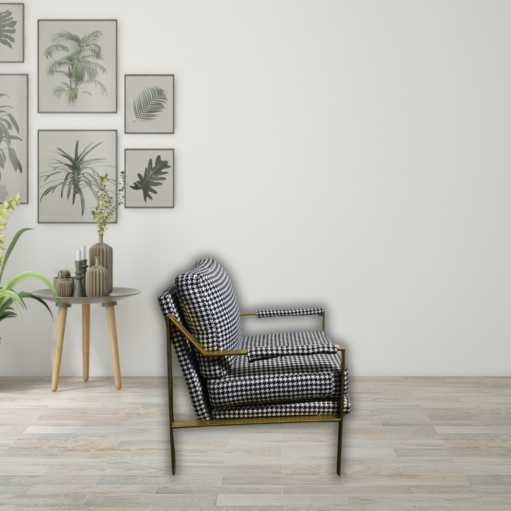 Checkered black & white sofa chair with gold bar armrest & legs