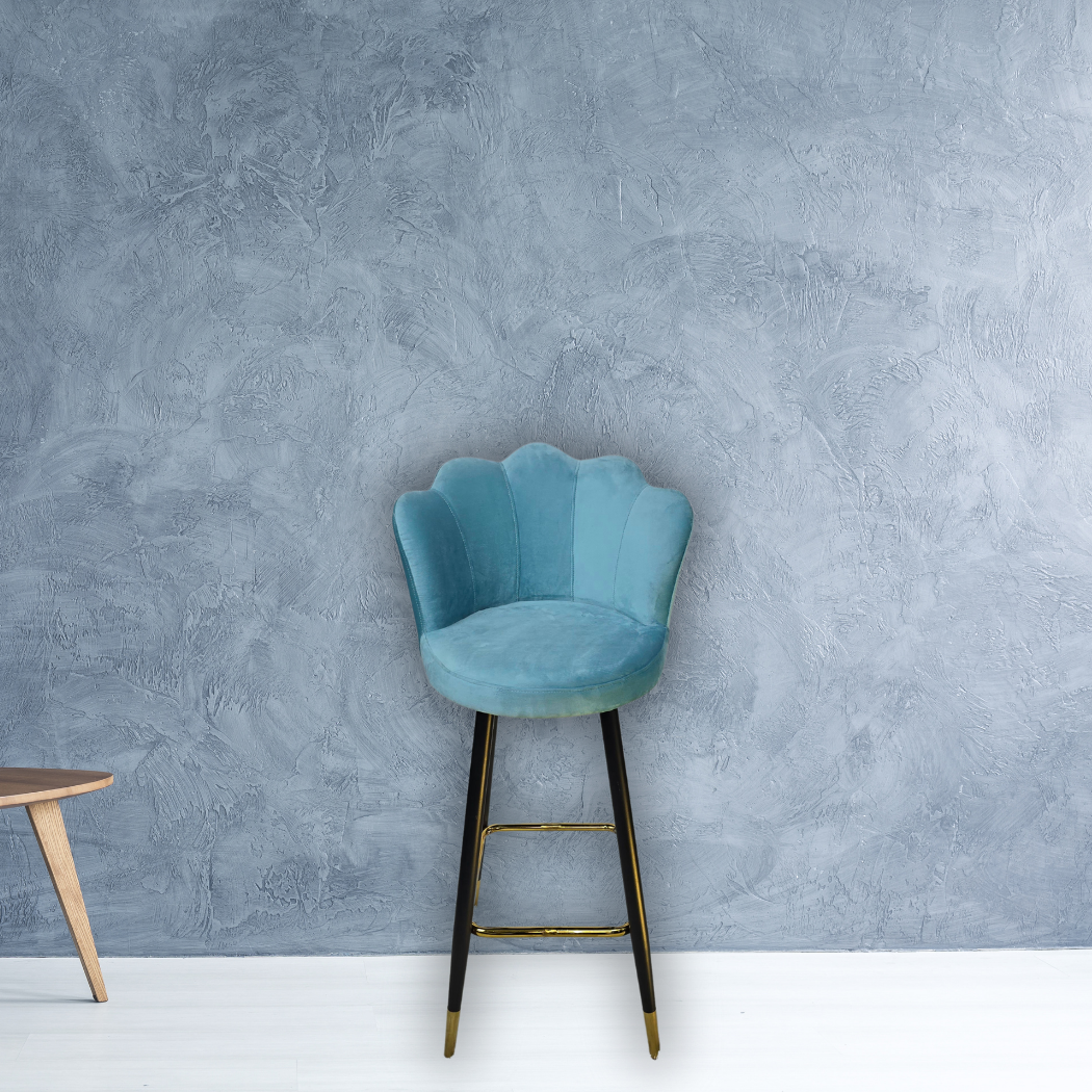 Blue with wavy top, black legs with gold bottoms and square metal ring between legs