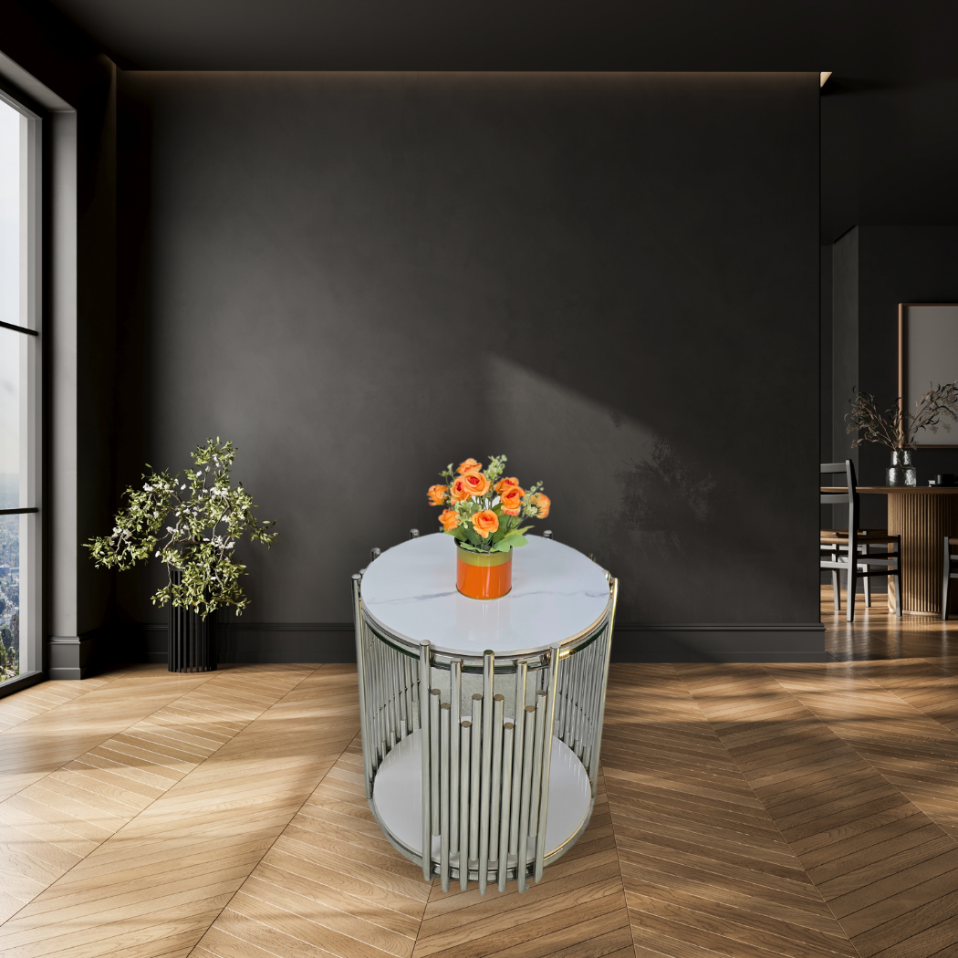 Round, white marble top & base with silver bars on the 3 surrounding sides