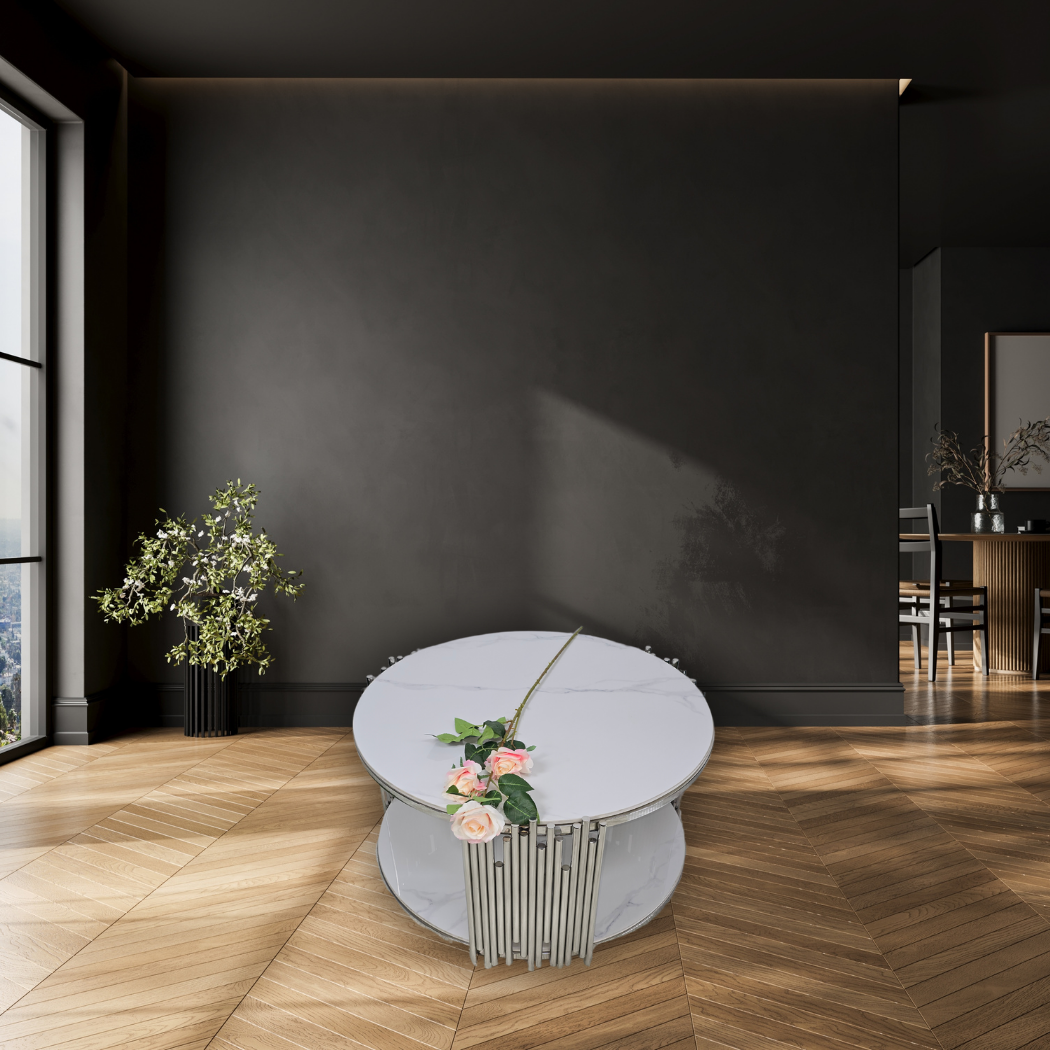 Round, small, White top & base with silver bars on 3 surrounding sides