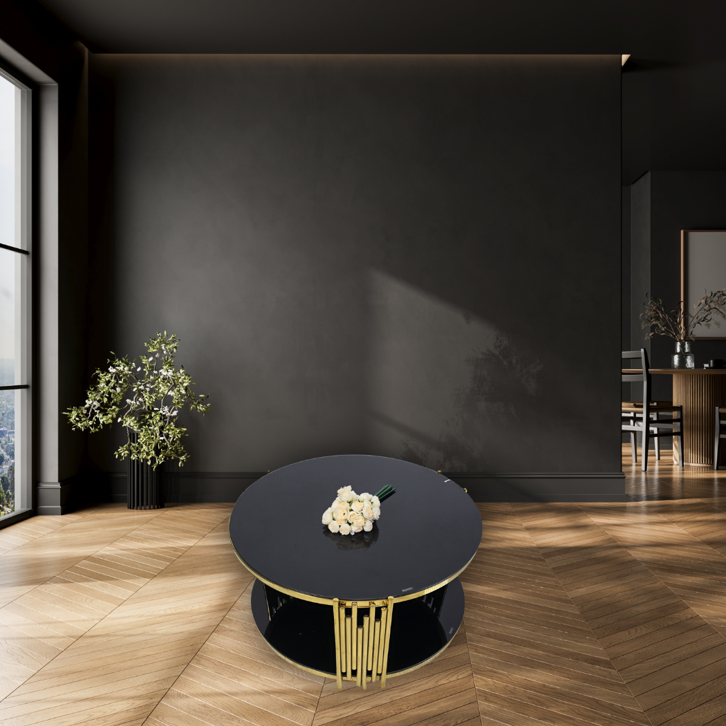 Round, black top & base with gold bars on 3 surrounding sides