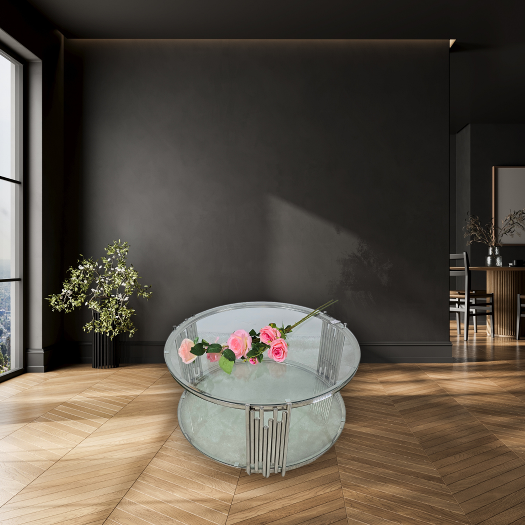 Round, transparent (glass) top & base with silver bars on 3 surrounding sides