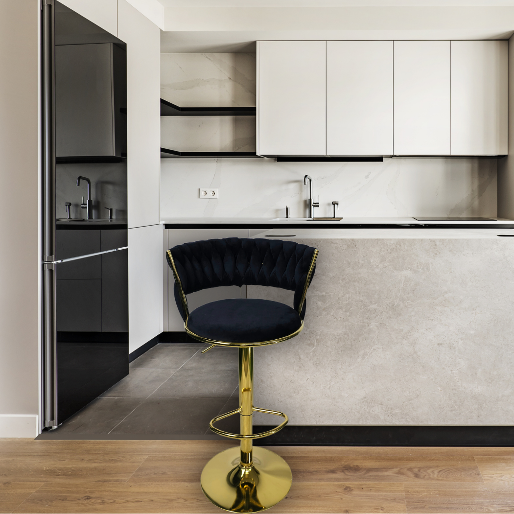 Black, height adjustable, braided pattern top with round base and silver pole leg with foot rest