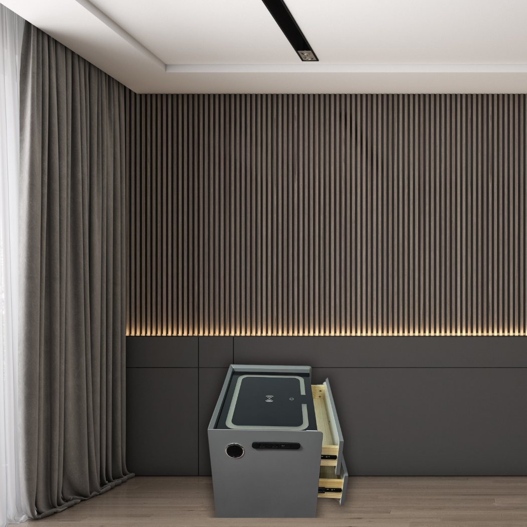 Cube shape,grey with black top, touch screen wireless charging station and 2 drawers with gold and black handles (Copy)