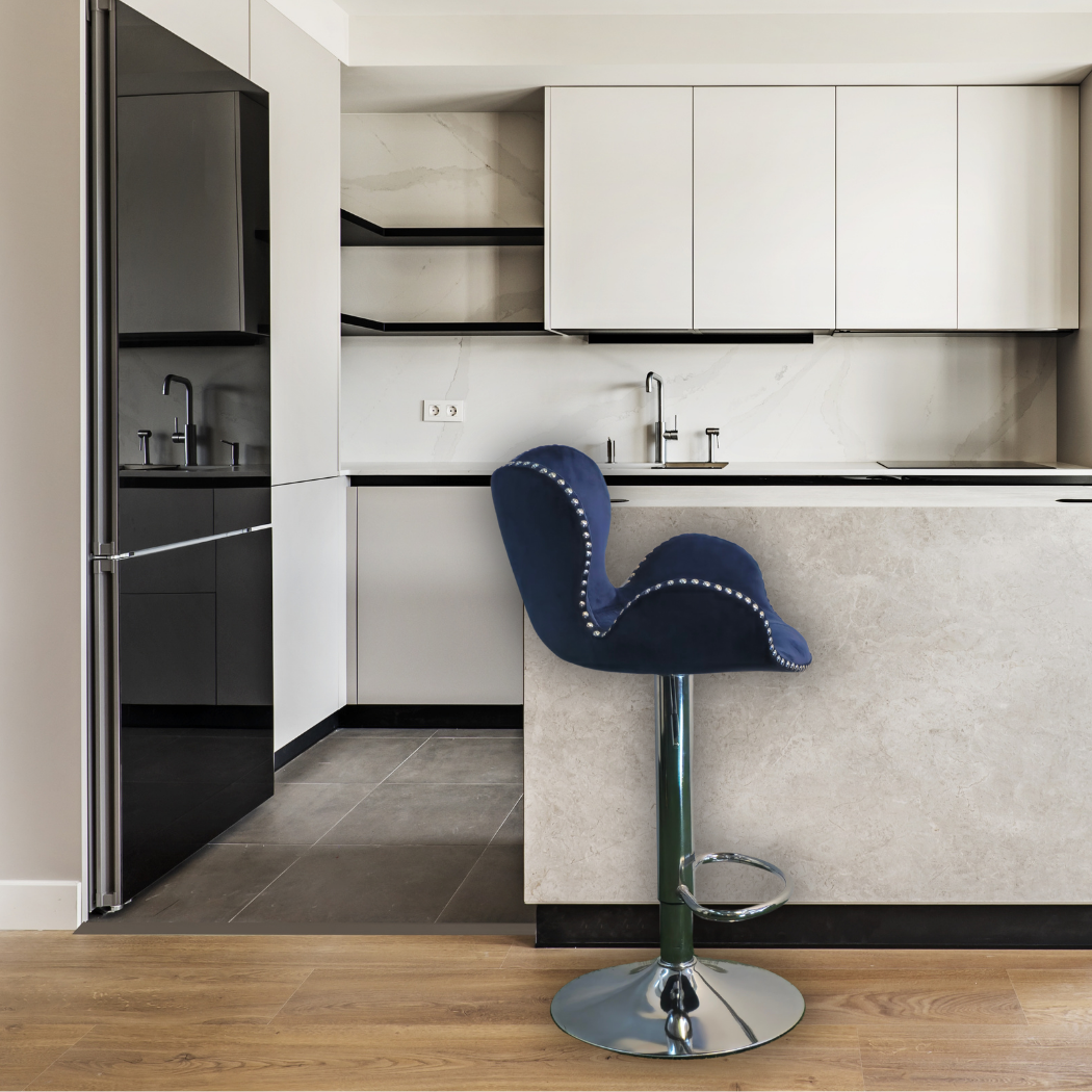 Royal blue, height adjustable, clover shape with silver stones around edges and silver pole leg with foot rest