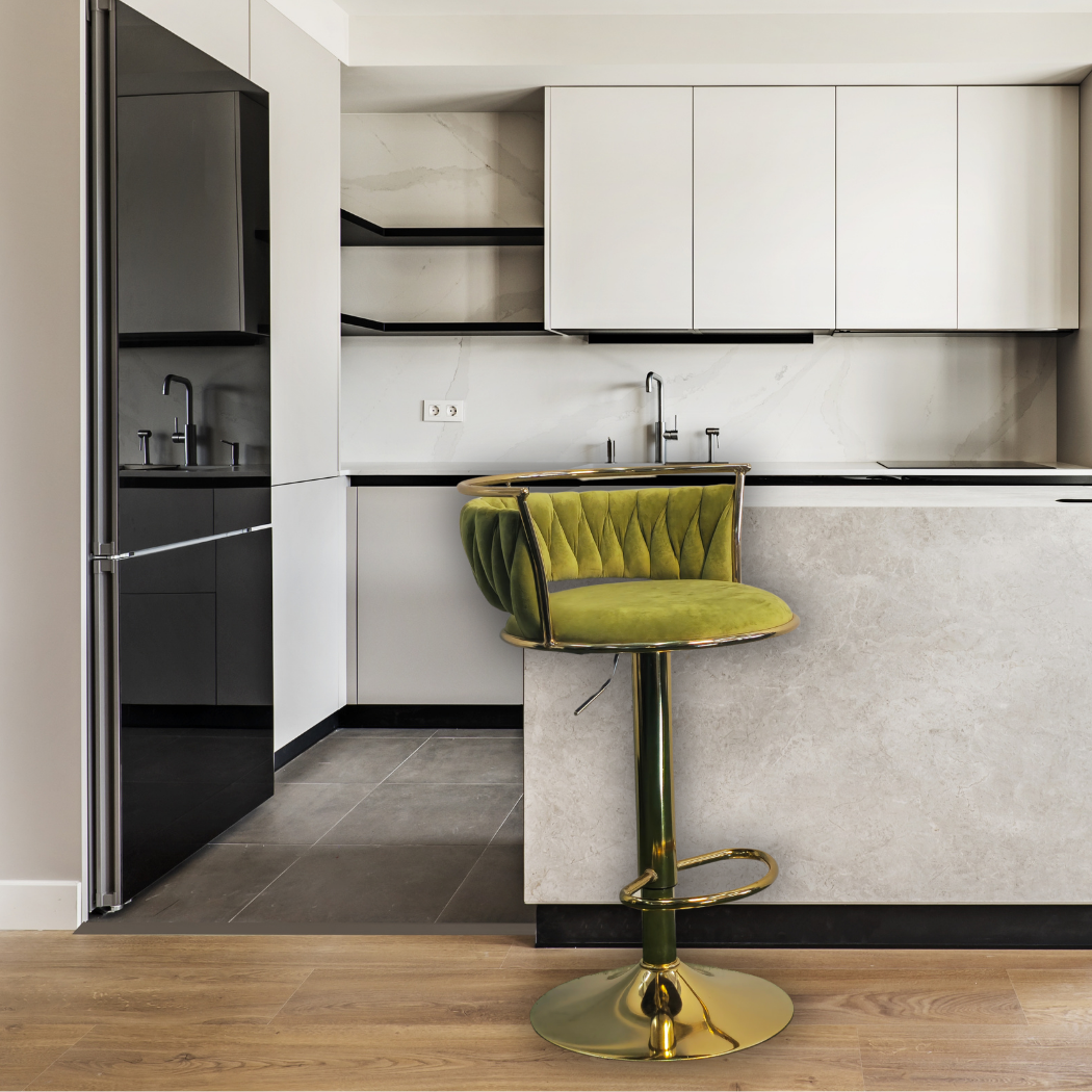 Green Round, Height adjustable, dark brown rattan bamboo fabric, silver pole leg with footrest