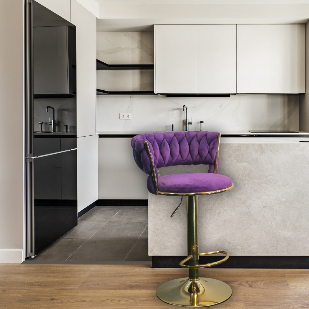 Purple, height adjustable, braided pattern top with round base and silver pole leg with foot rest