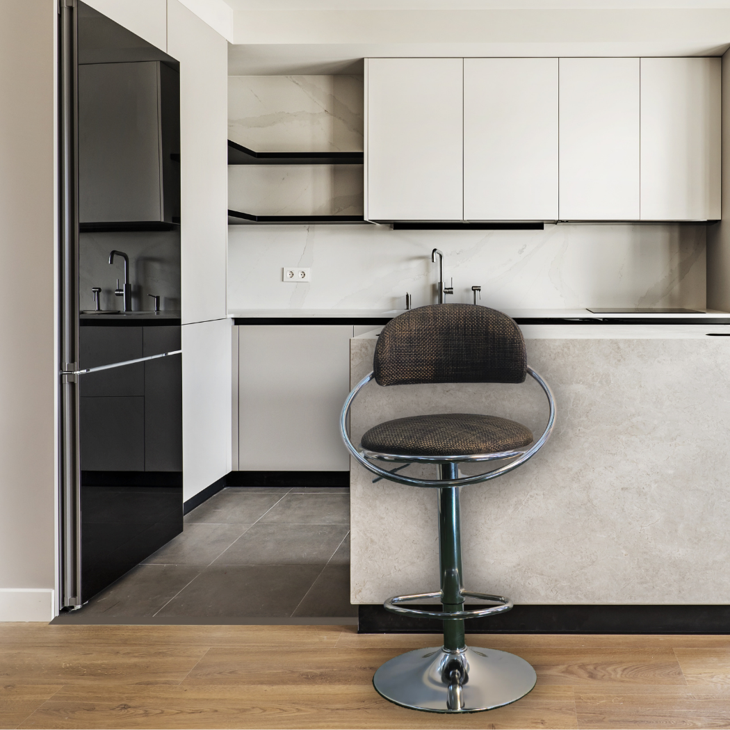 Round, Height adjustable, beige and brown checkered bamboo fabric, silver pole leg with foot rest