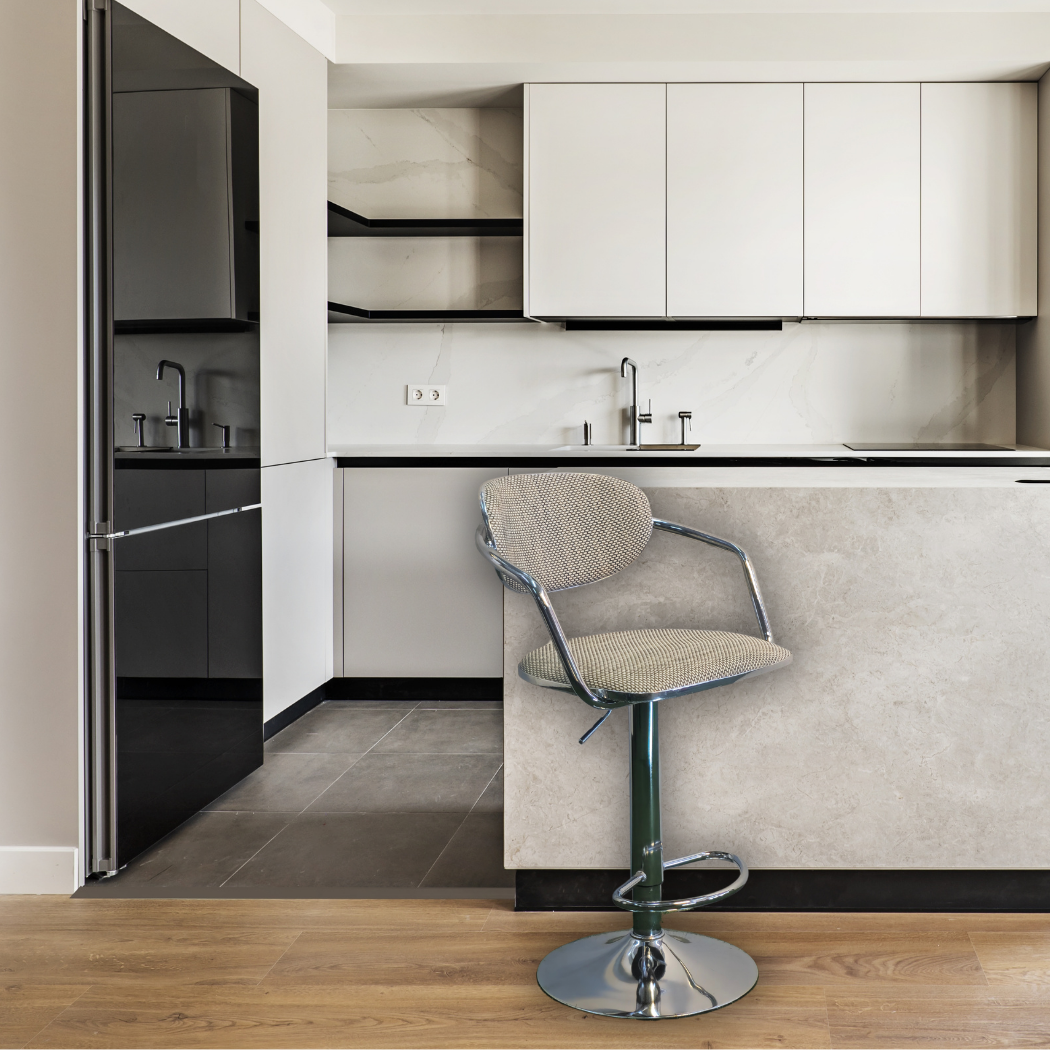 C seat Height adjustable, beige and brown checkered bamboo fabric, silver pole leg with foot rest