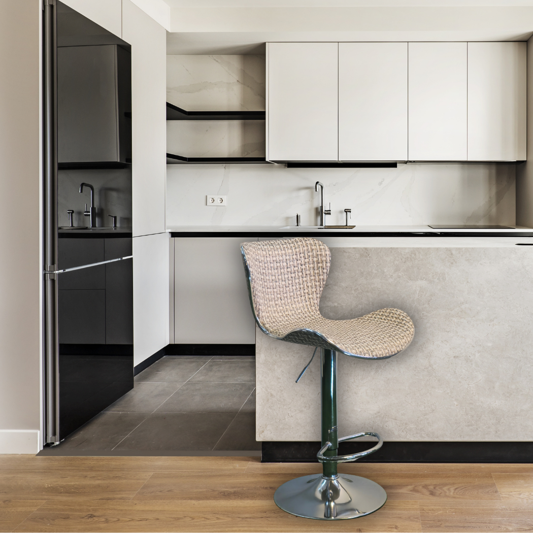 Height adjustable, beige and brown checkered bamboo fabric, silver pole leg with foot rest