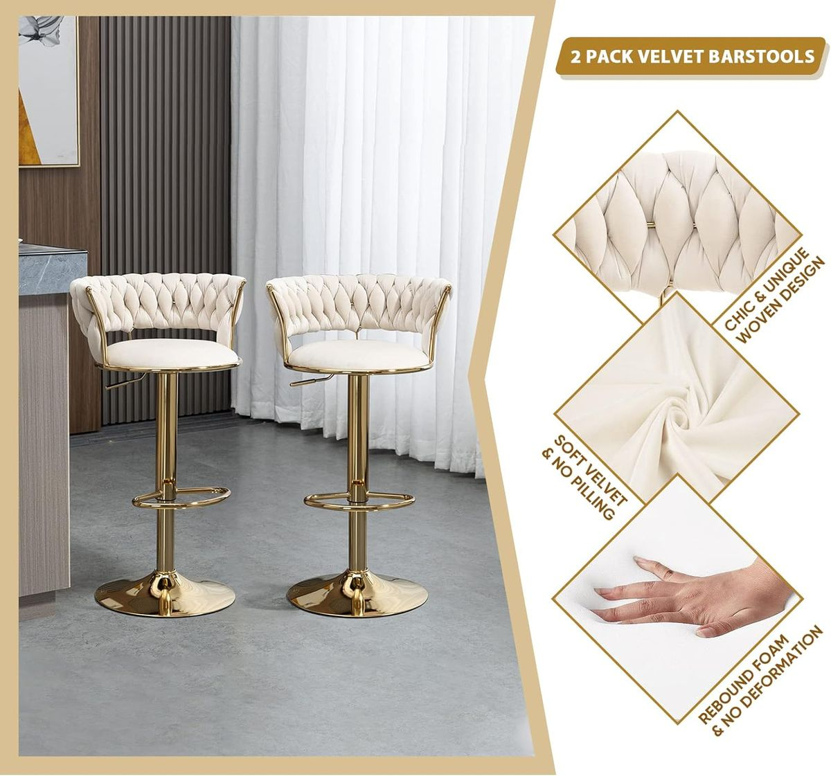Velvet Swivel Luxury Bar Stools - Set of 2
