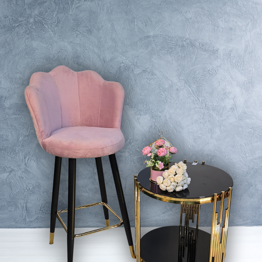 Dusty pink wavy top, black legs with gold bottoms and square metal  ring between legs