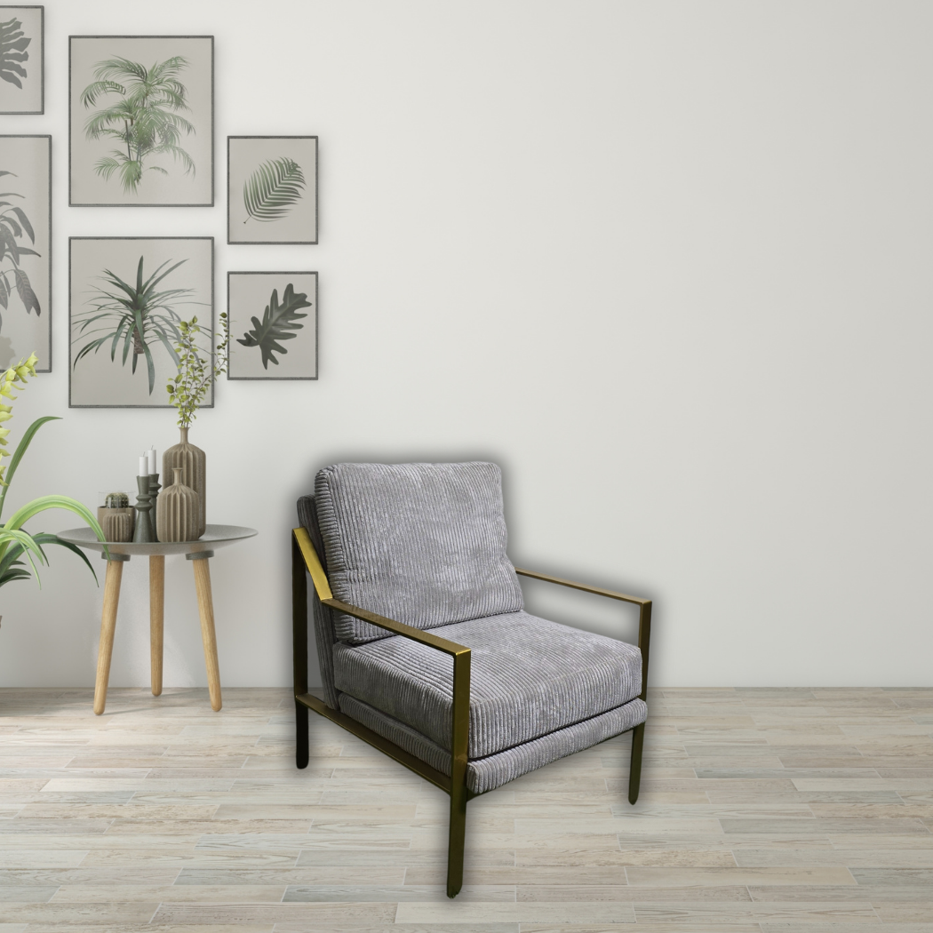 black & white sofa chair with gold bar armrest & legs
