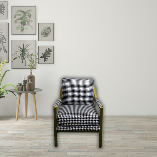 Checkered black & white sofa chair with gold bar armrest & legs
