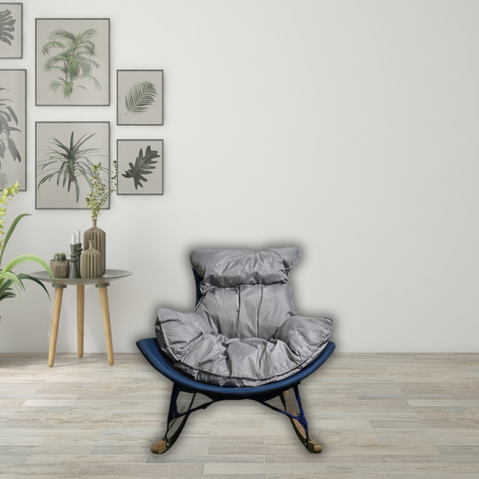 Rocking chair with grey detachable cushion on top, dark blue base with black bars and brown curved wood