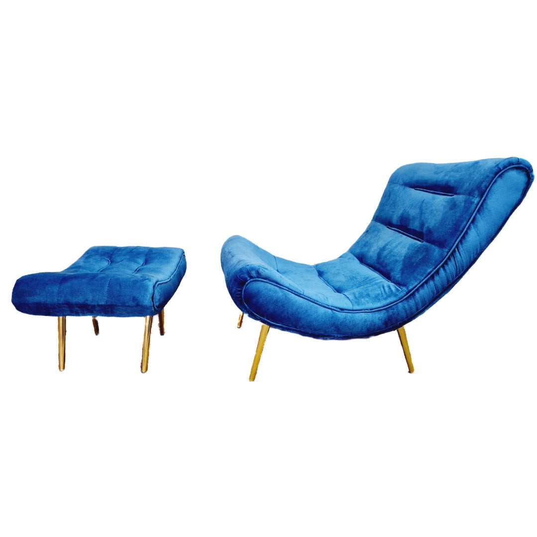 Velvet Luxury Lounger with Foot Rest - Blue