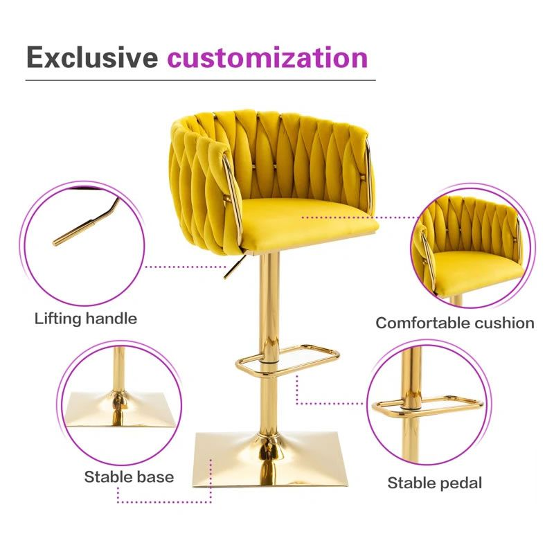 Set of 2 Velvet Bar Stool with a Square Base -Yellow