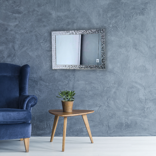 Small, rectangular, silver mosaic mirror with hexagon pattern 48,5x68,5 cm