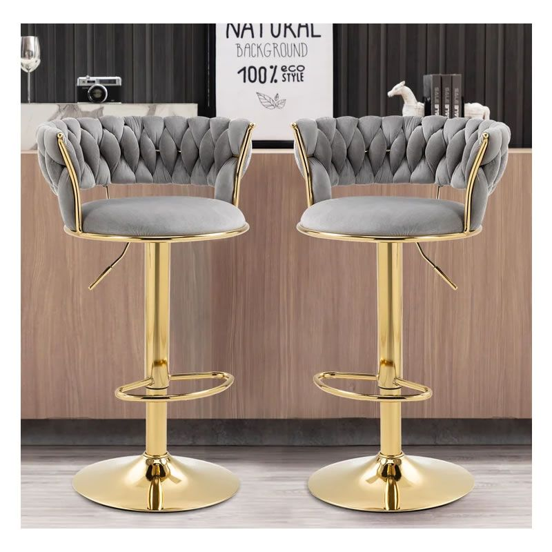 Set of 2 Velvet Swivel Luxury Bar Stools  - Grey