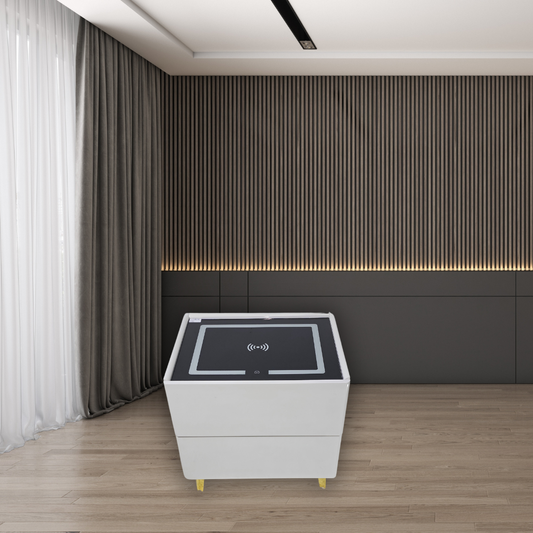 Cube shape,white with black top, touch screen wireless charging station and 2 drawers with gold and black handles