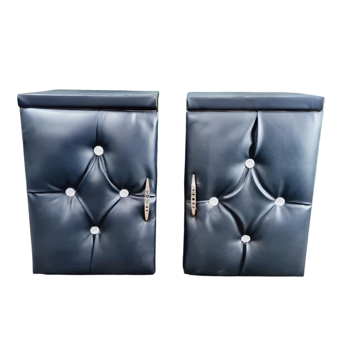 Leather Bedside Table Pair - Black with faux diamonds