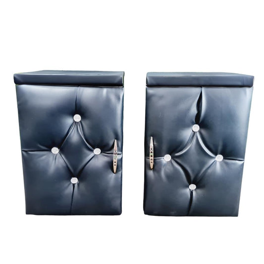 Leather Bedside Table Pair - Black with faux diamonds