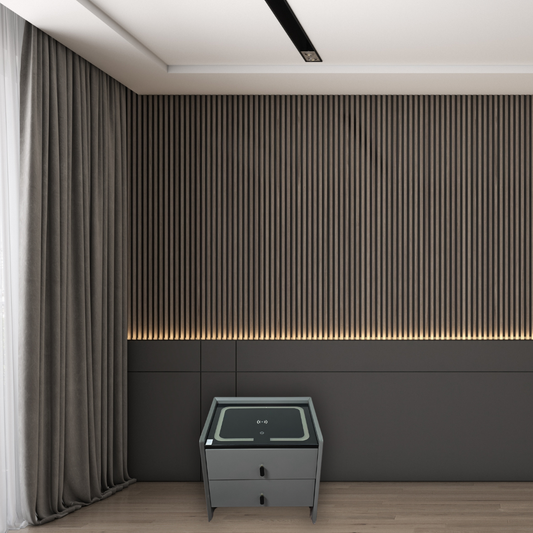 Cube shape,grey with black top, touch screen wireless charging station and 2 drawers with gold and black handles (Copy)