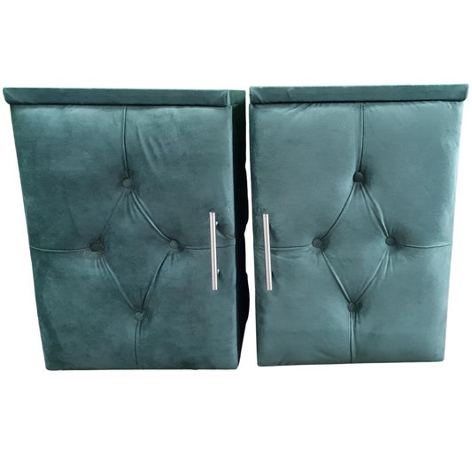 Velvet Material Bedside Table Pair- Dark Green