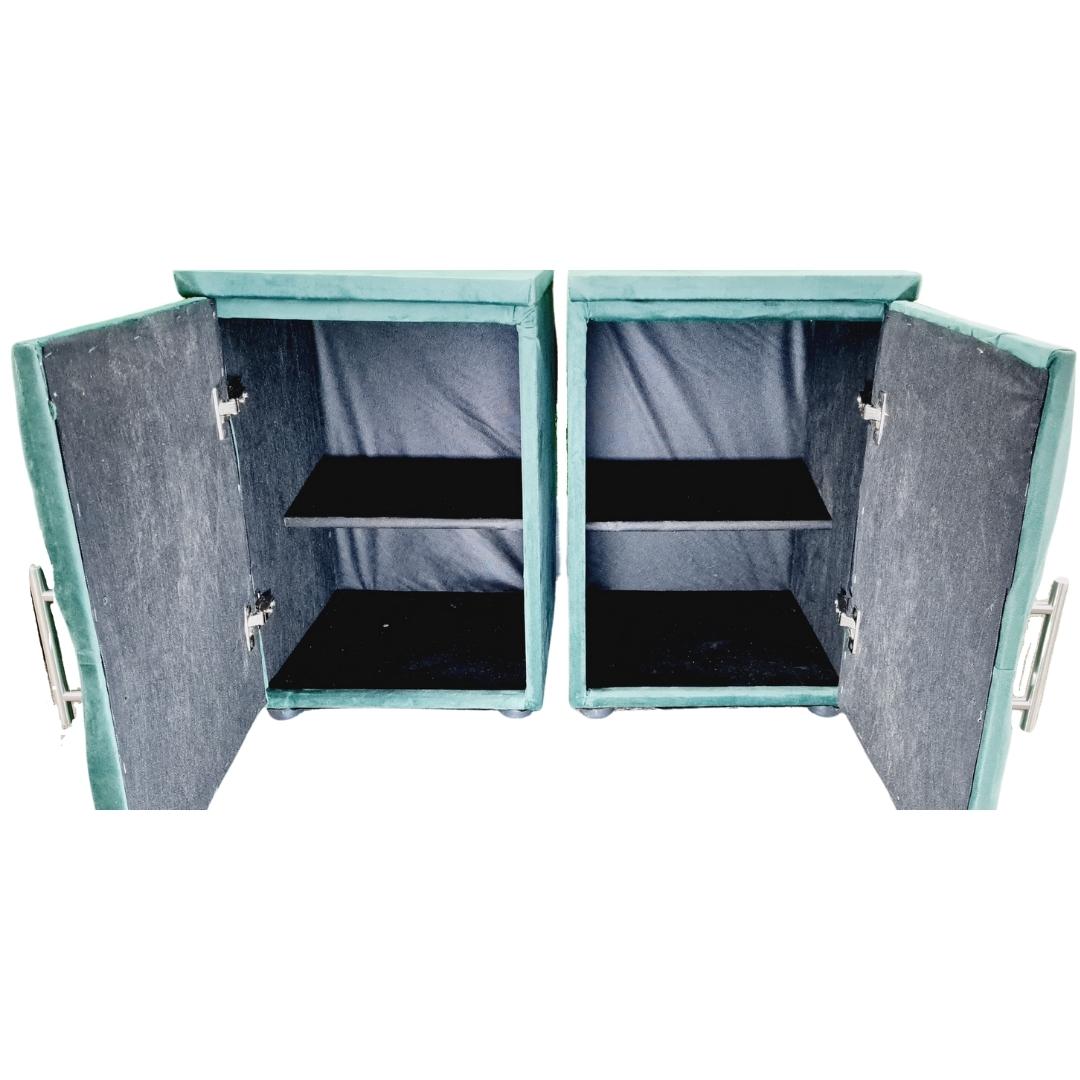 Velvet Material Bedside Table Pair- Dark Green