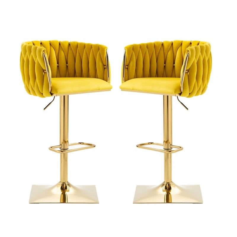 Set of 2 Velvet Bar Stool with a Square Base -Yellow