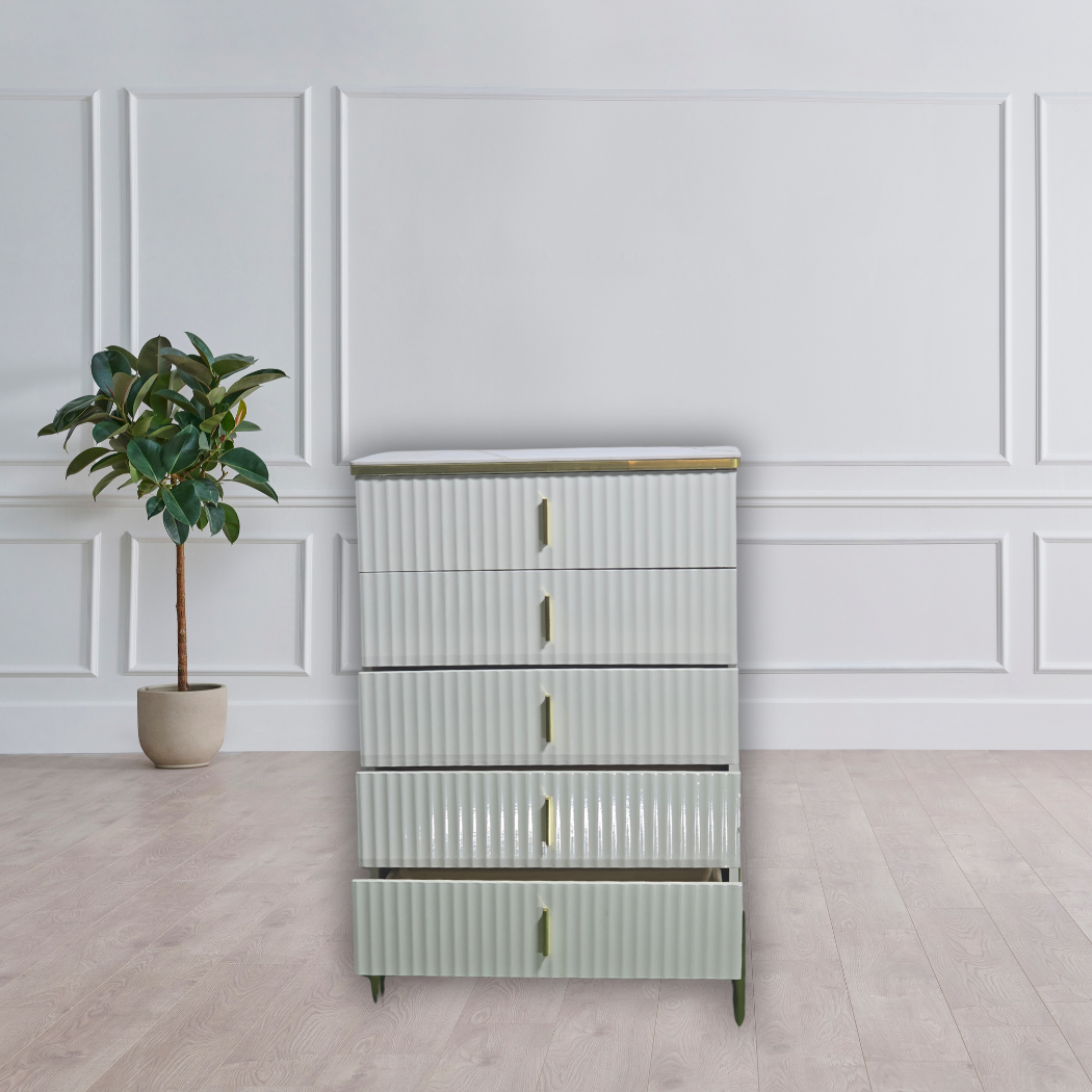 White marble top with black and gold lines, gold outline on top and door handles (5 drawers)