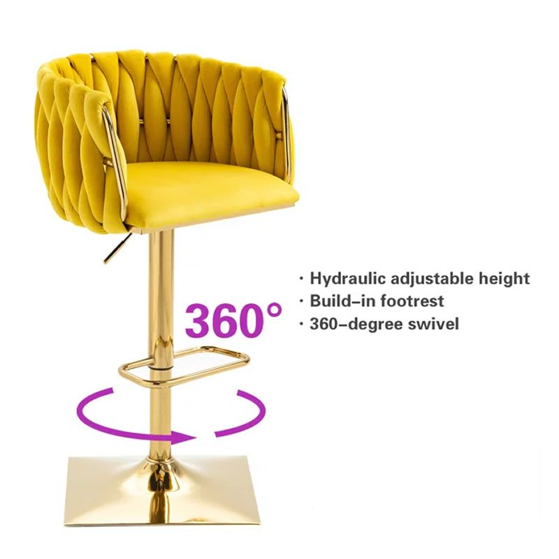 Set of 2 Velvet Bar Stool with a Square Base -Yellow