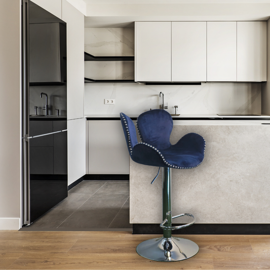 Royal blue, height adjustable, clover shape with silver stones around edges and silver pole leg with foot rest