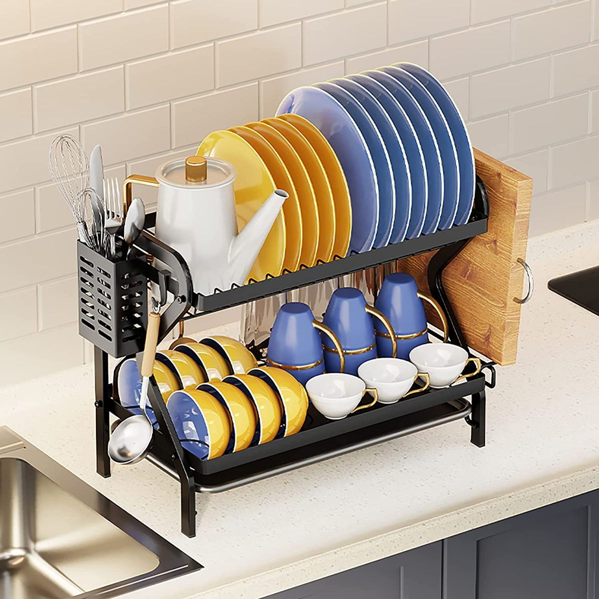 2 Tier Dish Drying Rack with Drain Board Set