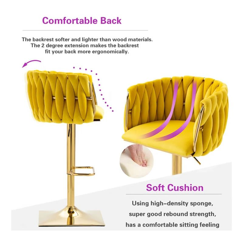 Set of 2 Velvet Bar Stool with a Square Base -Yellow