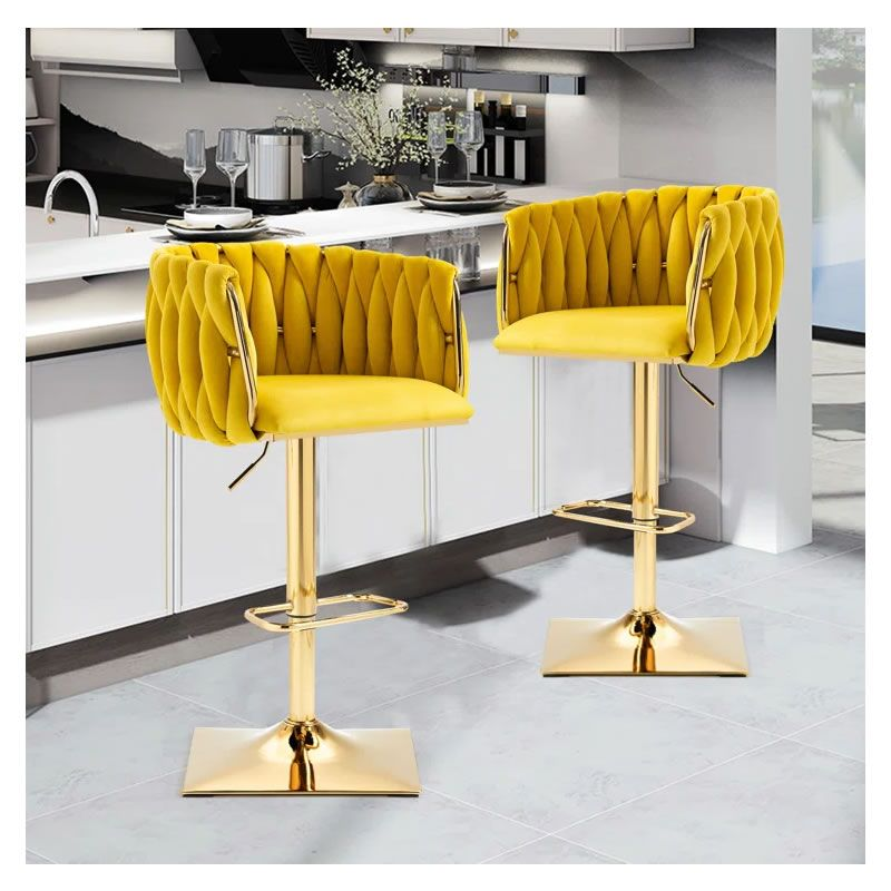 Set of 2 Velvet Bar Stool with a Square Base -Yellow